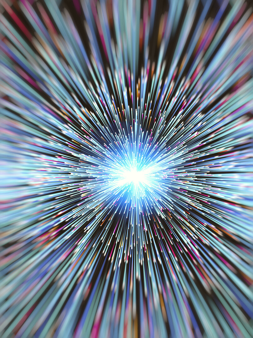 "Conceptual computer artwork of rays emitting particles. This could depict travel near the speed of light